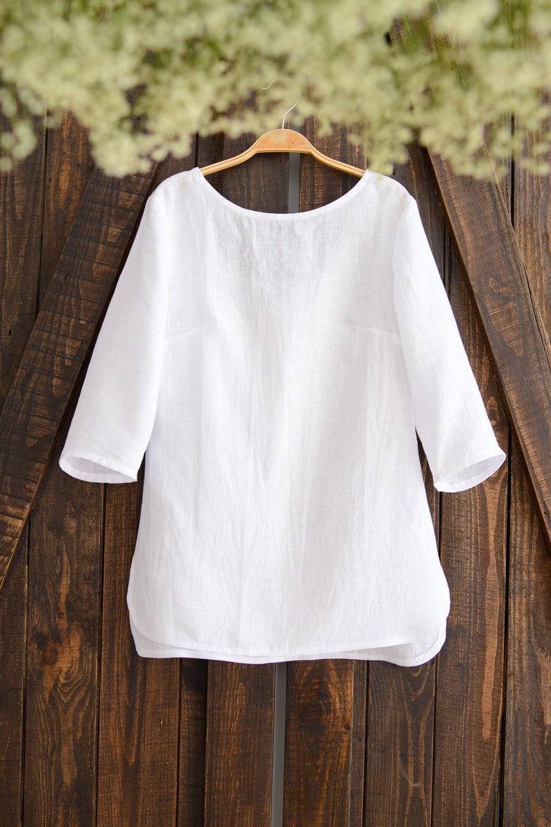 Women's loose fitting linen blouse with sleeves, open back and handmade embroidery, LILY blouse image 5