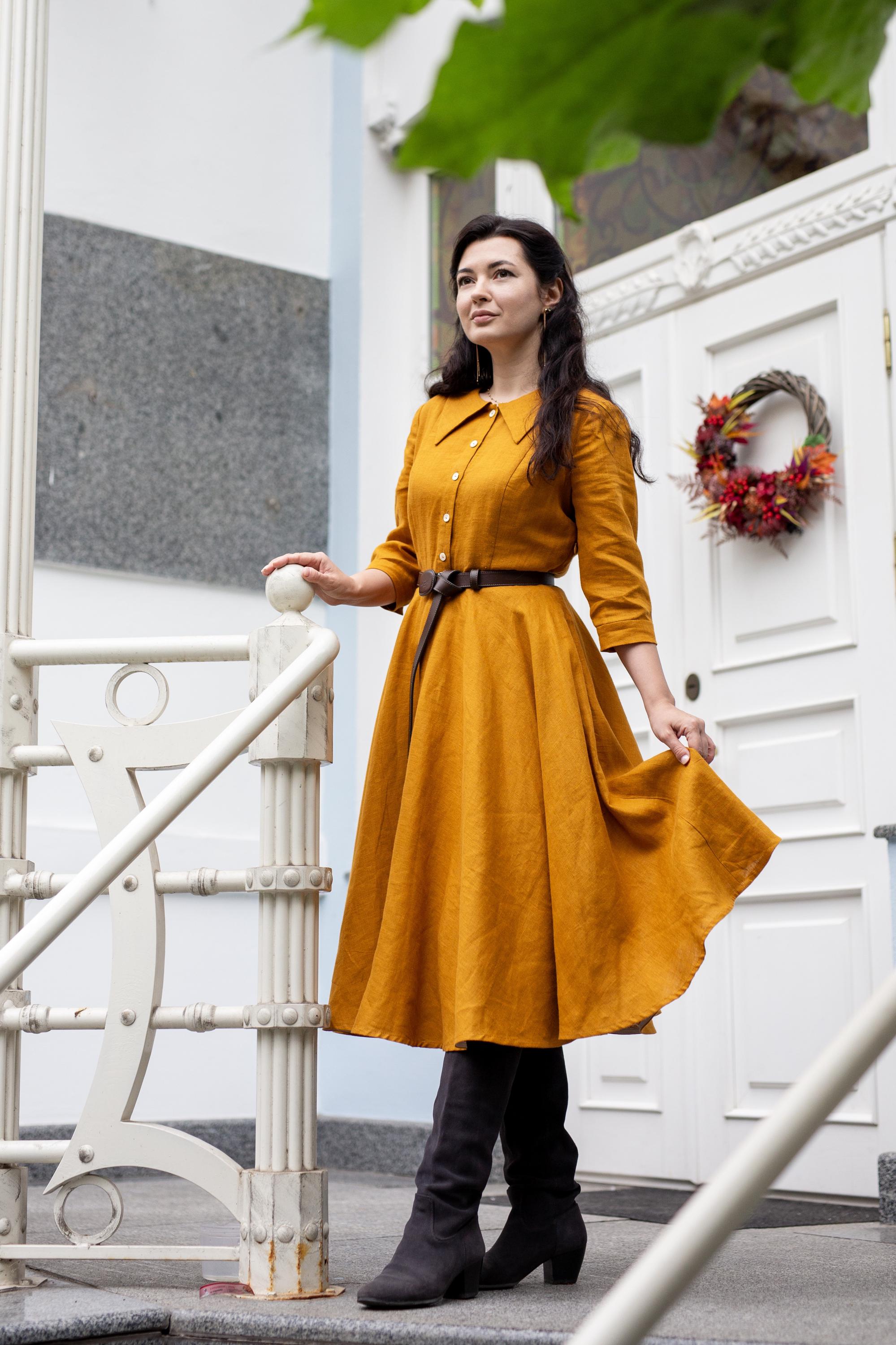 grace and co linen dress GRACE II Fitted Cottagecore Linen Dress, 3/4 Sleeves, Full Circle Skirt, Pointed Collar