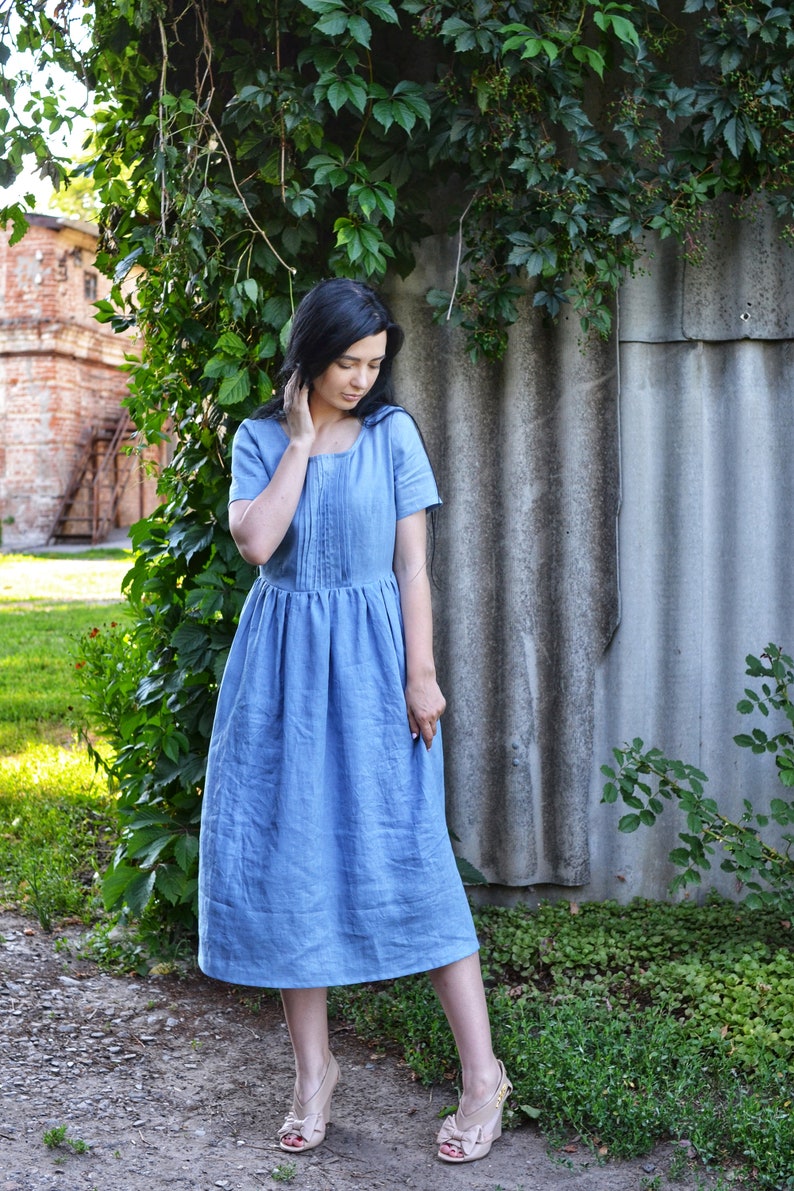 ELIZABETH Close Fitting Dress Natural Linen Midi Dress Etsy