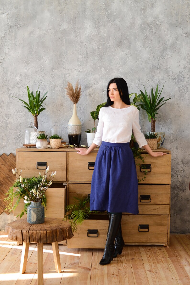 below the knee skirt A-line skirt with pockets and belt KEIRA smock asymmetric linen skirt high waist skirt