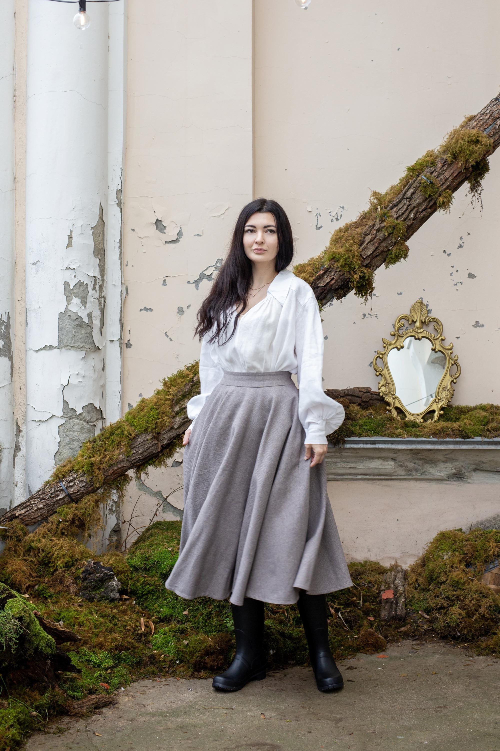 FREYA 暖かい厚手のツイルリネン フルサークルスカート、テーラード