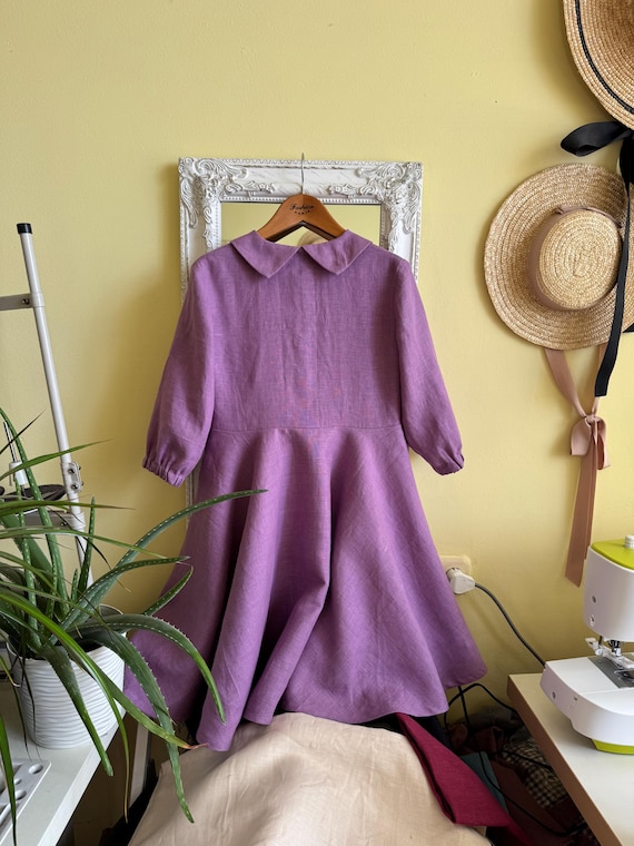 Grace Girl Linen Dress with 3/4 Sleeves, Kids Midi Dress, Casual Dress, Full Circle Skirt Dress, Cottagecore Dress, Classic Girl Dress,