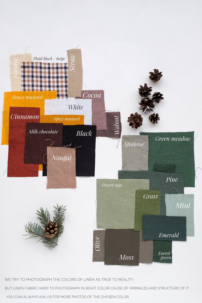 Pu&ograve; includere: Una cartella colori di campioni di tessuto di lino in varie tonalit&agrave; di marrone, verde e beige. I campioni sono etichettati con nomi come "Nougat", "Vischio", "Pino" e "Verde bosco".