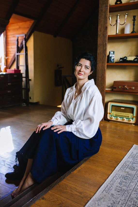 DARCY Cottagecore Linen Shirt with Smock Details, Vintage Style Blouse with Gathers