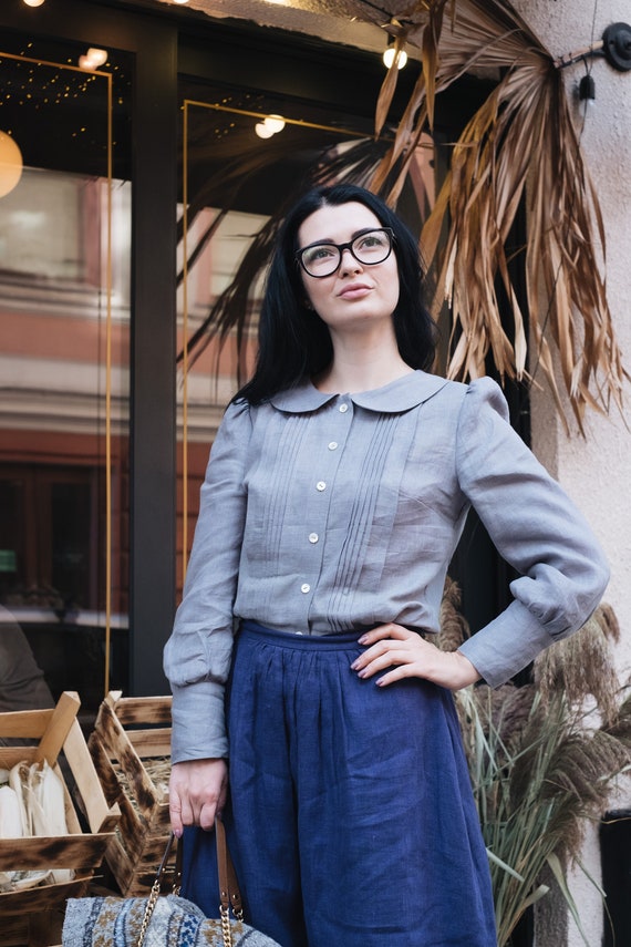 ODETTE Women Linen Shirt With 7/8 Long Sleeves, Peter Pan Collar Blouse,  Plus Size Shirt, Edwardian Blouse, Casual Top, Retro Style Shirt - Etsy