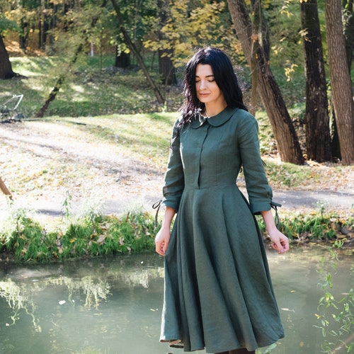 SERENA close fitting linen dress with 3/4 sleeves, midi dress, casual dress, full circle dress, dress with pockets, shirt dress, retro dress