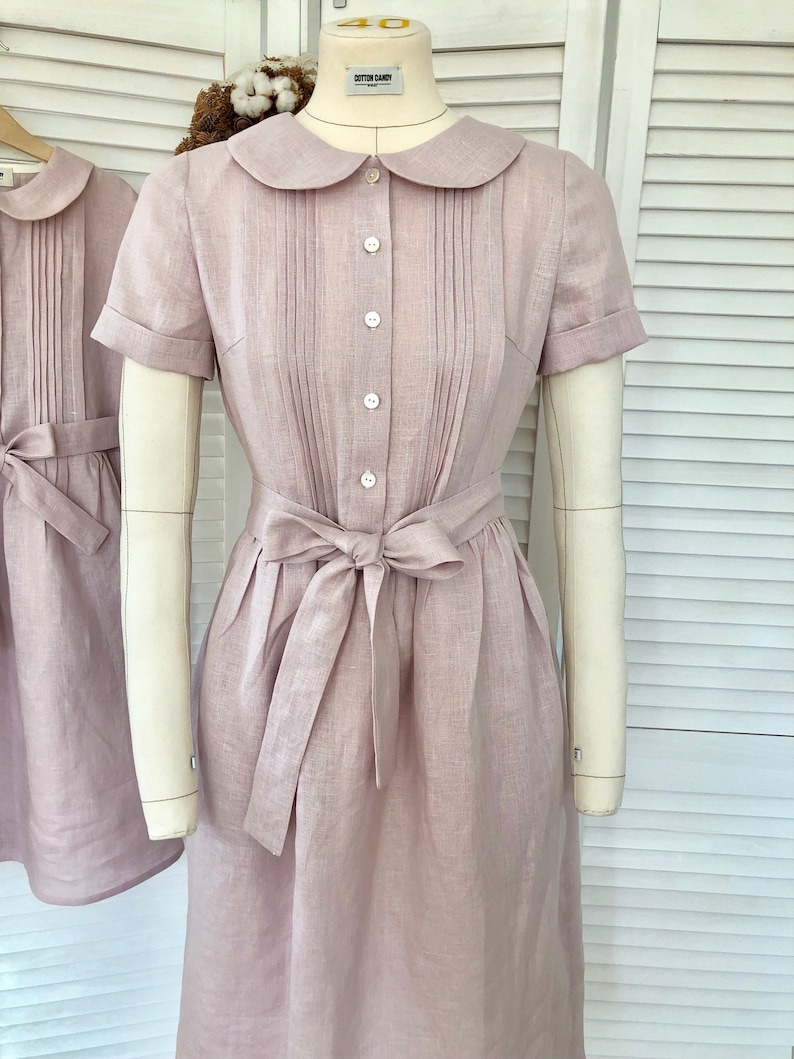 ODETTE short sleeve linen dress, cottagecore dress, midi dress, evening retro dress, peter pan collar, above the knee dress image 7