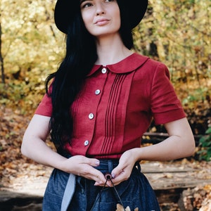 ODETTE Women Short Sleeved Shirt, Linen Top, Peter Pan Collar Blouse, Summer Casual Shirt, Retro Style Shirt, Linen Tshirt, Linen Tee image 2