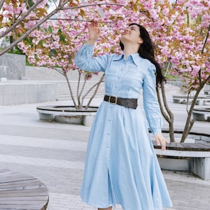 ANNE linen dress with pointed collar, long sleeves, cottagecore dress, midi, maxi dress, evening retro dress, full circle dress, pintucks