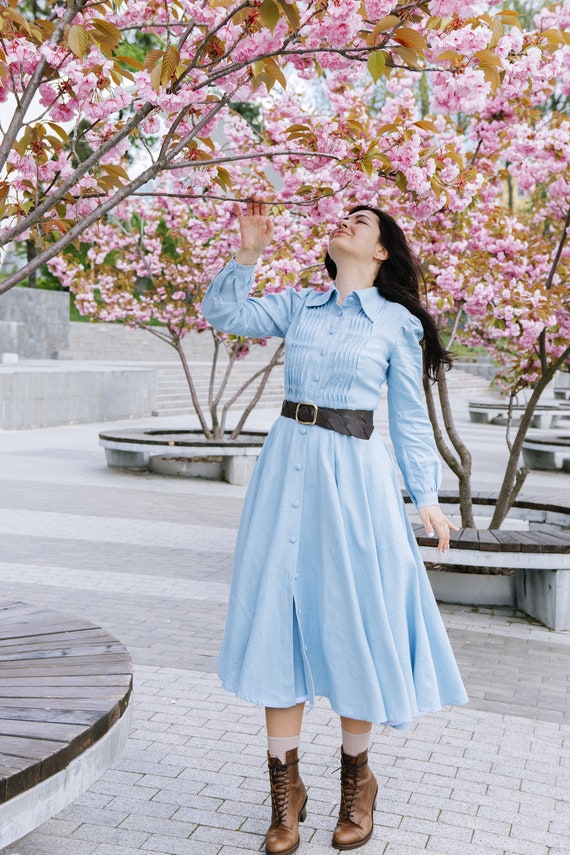 long sleeve cottagecore dress ANNE Linen Cottagecore Dress with Long Sleeve, Pointed Collar, Full Circle Skirt