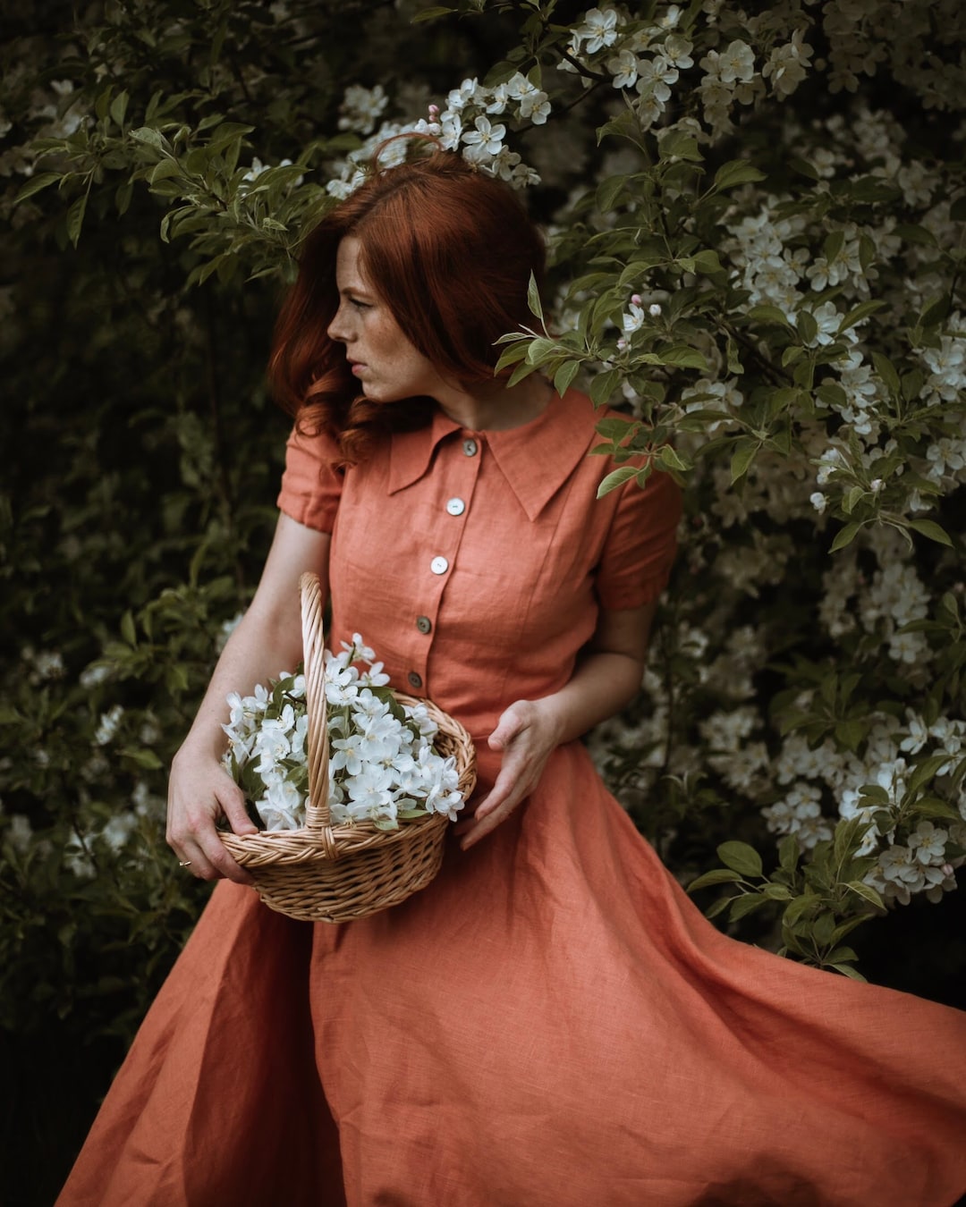 Grace Close Fitting Linen Dress with Short Sleeves, Midi Dress, Casual Maxi Dress, Full Circle Dress, Dress with Pockets, Cottagecore Dress