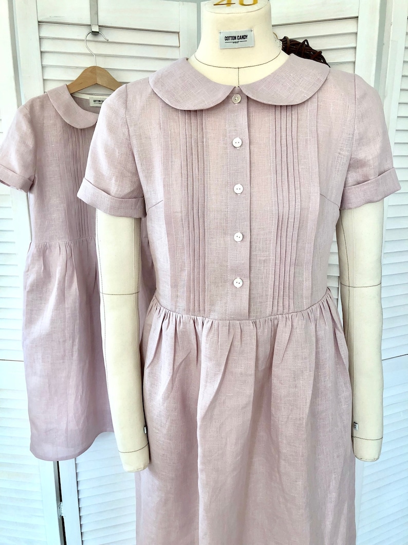 ODETTE short sleeve linen dress, cottagecore dress, midi dress, evening retro dress, peter pan collar, above the knee dress image 6