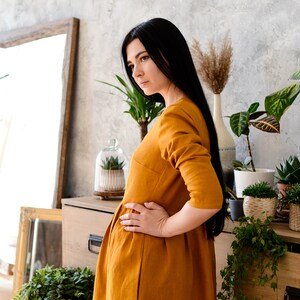 ROMANNA Linen Classic Midi Dress, Gathered Skirt with Pockets image 5