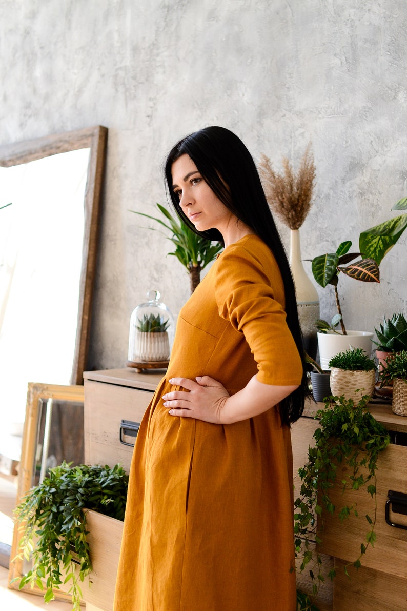 ROMANNA Linen Classic Midi Dress, Gathered Skirt with Pockets image 5