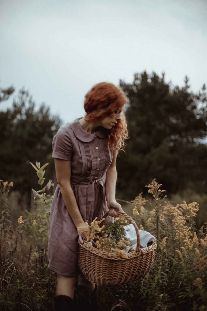 ODETTE short sleeve linen dress, cottagecore dress, midi dress, evening retro dress, peter pan collar, above the knee dress image 1