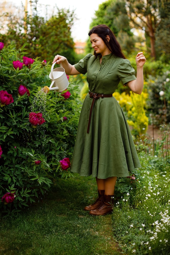 green dress tan boots SOFIA Cottagecore Linen With Stand Collar, Full Circle Skirt, Short Sleeves and Pintucks long green dress with boots