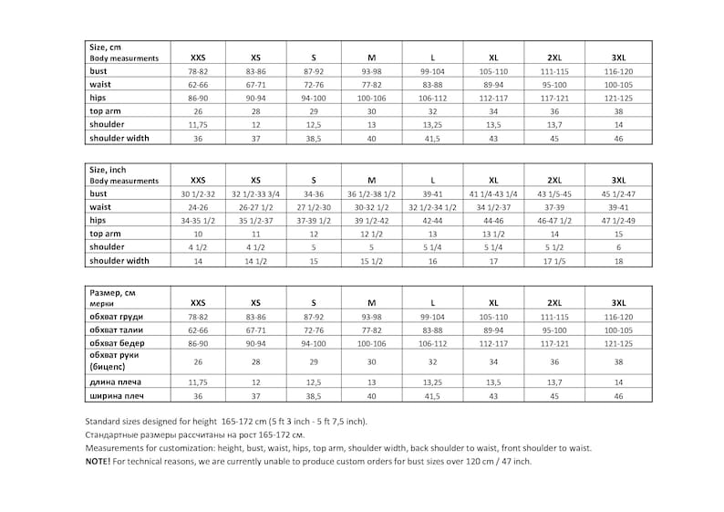 K&ouml;nnte beinhalten: Eine Gr&ouml;&szlig;entabelle f&uuml;r Kleidung in Zoll und Zentimetern. Die Tabelle enth&auml;lt Ma&szlig;e f&uuml;r Brustumfang, Taille, H&uuml;fte, Oberarm, Schulter und Schulterbreite. Die Tabelle ist f&uuml;r die Gr&ouml;&szlig;en XXS bis 3XL.