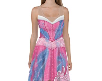 Blue and Pink Princess Skater Dress, Aurora colors dress, Dress as a Beauty, Carnival Costume, Running Print Costume