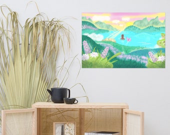 Green Muntain Ocean Wall Decor, Panoramic Landscape Wall Art, Mermaid Art Print