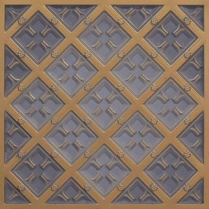 May include: A square, ornate panel featuring a repeating pattern of gold-colored diamond shapes. Each diamond contains a gray background with a stylized cross design. Small, gold floral accents are placed at the intersections of the diamond grid.