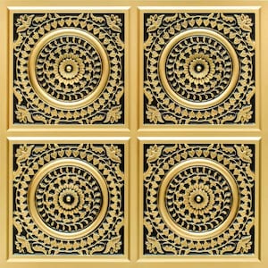 May include: Four gold-colored ceiling tiles with a black and gold floral design. Each tile features a central circle with a smaller circle in the center. The design is intricate and detailed.
