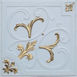 Faux Tin PVC Decorative Ceiling Tile /Wall Art/Backdrop 2&#39;x2&#39; (25 Tiles per Pack) - White-Gold #204 Drop-in/Glue-up