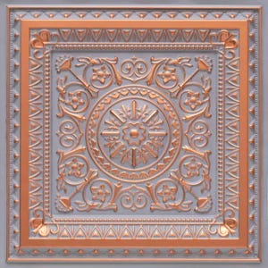 May include: A square, decorative ceiling tile with a gray background and copper-colored embossed floral and geometric patterns. The design includes a central medallion, corner accents, and a detailed border, creating a vintage aesthetic.