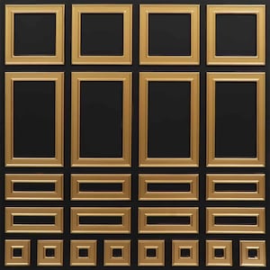 May include: A black wall with a grid of 15 gold picture frames. The frames are of varying sizes and are arranged in a symmetrical pattern.