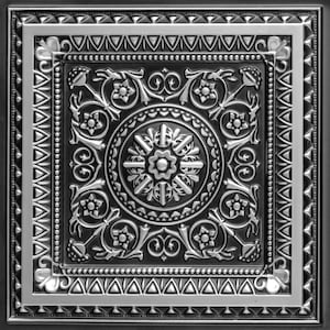 May include: A silver and black decorative ceiling tile with a floral design and a central medallion. The tile has a raised, embossed pattern.