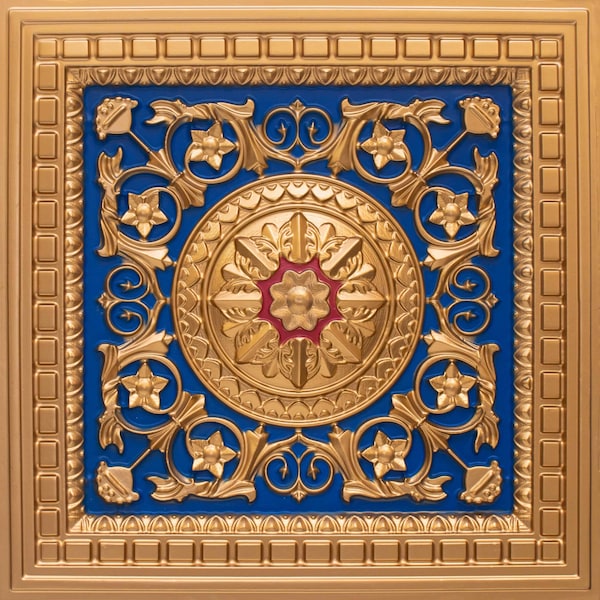 Da Vinci - Faux Tin - PVC Decorative Ceiling Tile 2' x 2' Gold/Blue/Red #215 - Drop-in