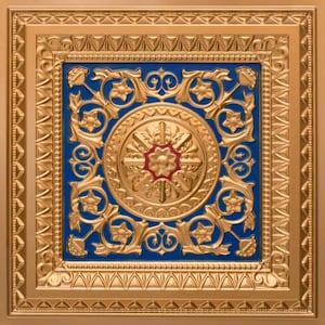 May include: Ornate gold ceiling tile with a central blue square featuring a gold floral design and a red center. The tile has a detailed border with repeating patterns, creating a luxurious aesthetic.