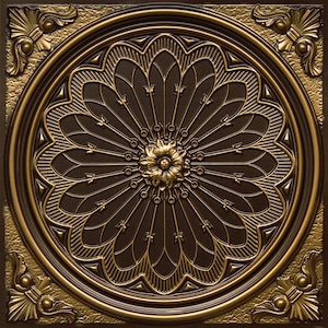 May include: A decorative ceiling tile with a gold and brown finish. The tile features a circular design with a floral pattern.