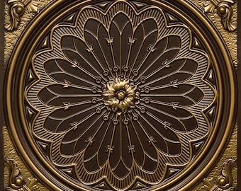 Rose Window Faux Tin Decorative PVC Ceiling Tile / Wall Tile / Backsplash / Backdrop 2&#39;x2&#39; (25pcs/pack) - Antique Brass #238 Drop-in/Glue-up