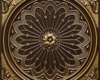 Rose Window Faux Tin Decorative PVC Ceiling Tile / Wall Tile / Backsplash / Backdrop 2'x2' (25pcs/pack) - Antique Brass #238 Drop-in/Glue-up