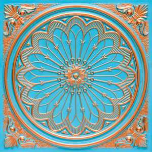 May include: A decorative ceiling tile with a circular design. The tile is painted a light blue color and features a gold-colored floral pattern.