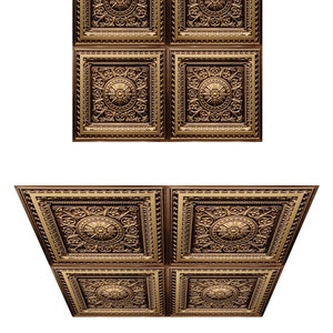 Faux Tin PVC Decoratieve Plafondtegel / Muurkunst / Achtergrond 2'x2' 25 tegels per verpakking Antiek Goud D223 Drop-in/Lijm-up afbeelding 3