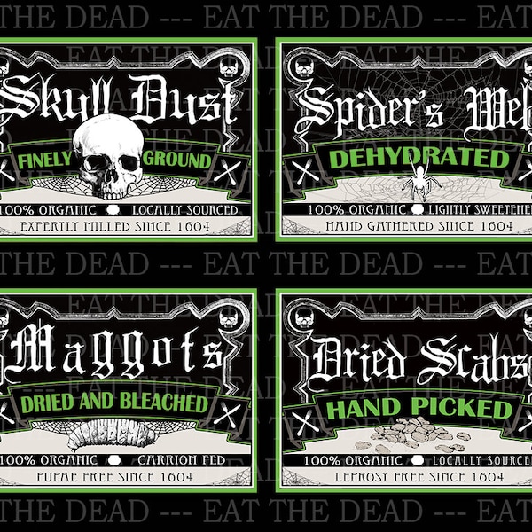 Apothecary Labels 300 DPI Image Digital Download  4 labels: Skull Dust, Scabs, Spider's Web, Maggots  Clipart  Halloween DIY