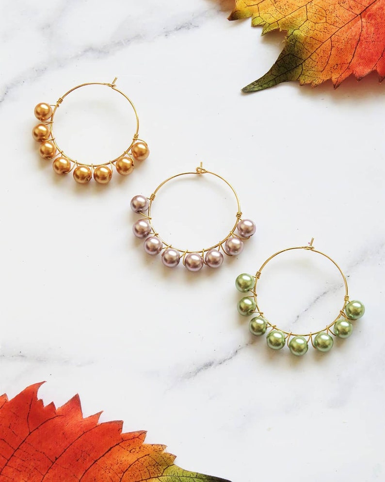 Pearl beaded gold plated hoops