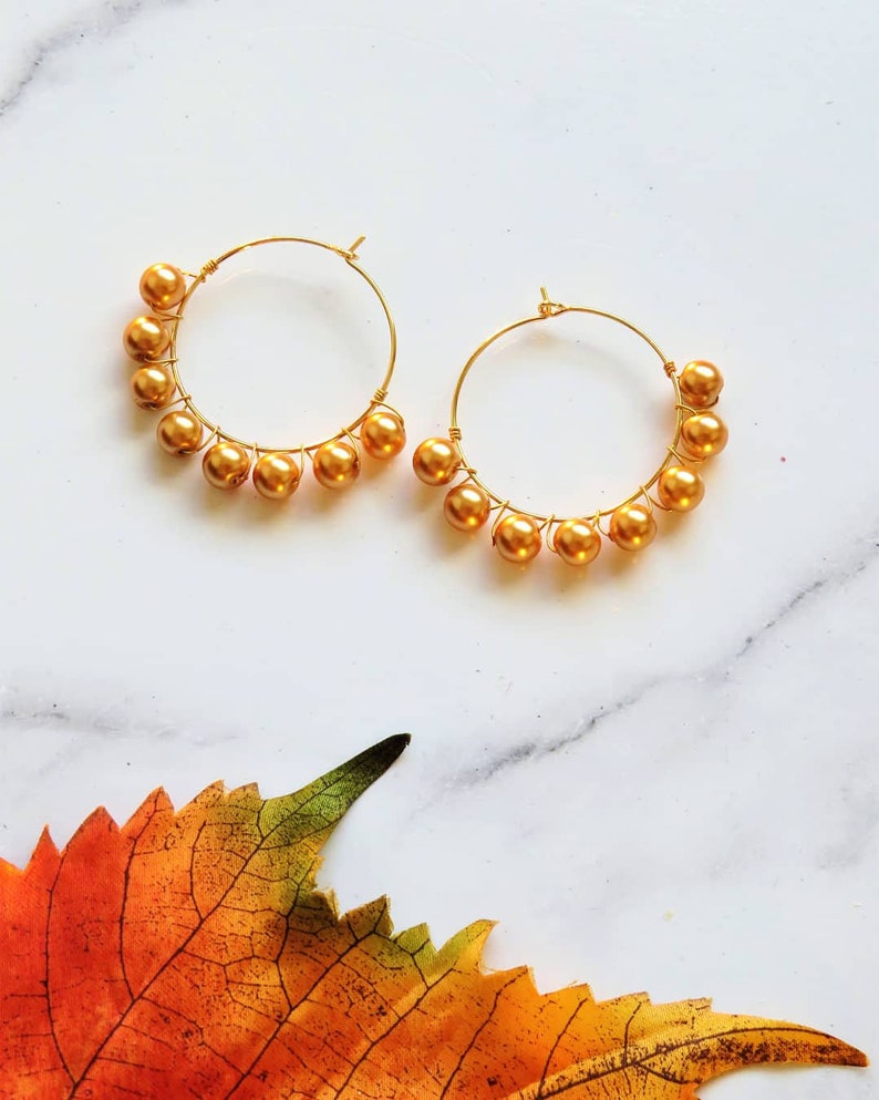 Pearl beaded gold plated hoops