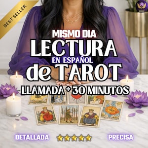 Könnte beinhalten: Werbung für einen Tarotkarten-Leseservice. Das Bild zeigt Tarotkarten, Kerzen und Blumendekorationen. Der Text auf dem Bild lautet "Tarot-Lesung am selben Tag auf Spanisch, 30-Minuten-Anruf". Die Wörter "Detailliert" und "Präzise" sind ebenfalls sichtbar.