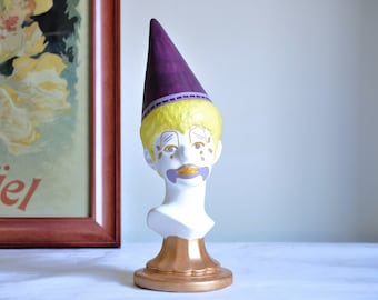 Vintage Hand Painted Ceramic Clown Bust | Folk Art Sculpture Clown Decor