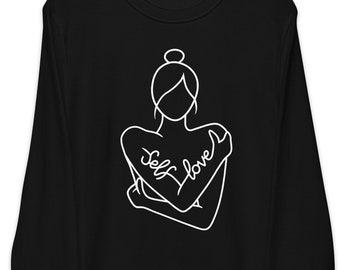 Self Love Unisex organic sweatshirt Minimalist Hug Line Art Women Empowerment Inspirational Women Self Care Mental Health Tee Love Yourself