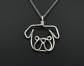 Pug Necklace, silver, wire, dog, dog face pendant, wire wrap, one line, dog mom, pet parent, silver plated jewelry