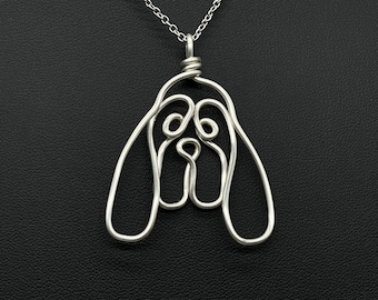 Basset Hound Necklace, silver, wire, dog, dog face pendant, dog memorial wire wrap, one line, dog mom, pet parent, silver plated jewelry