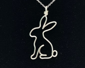 Rabbit Necklace, silver, wire, bunny, Easter rabbit memorial, animal pendant, wire wrap, one line,  pet parent, silver plated jewelry