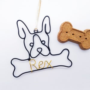 Wire Boston terrier ornament with dog bone Personalized Ornament Pet Name Dog Christmas Gift Unique Dog gift dog lovers wire pet name sign image 1