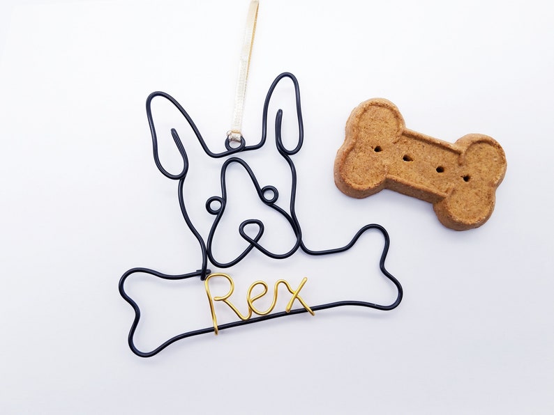 Wire Boston terrier ornament with dog bone Personalized Ornament Pet Name Dog Christmas Gift Unique Dog gift dog lovers wire pet name sign image 1