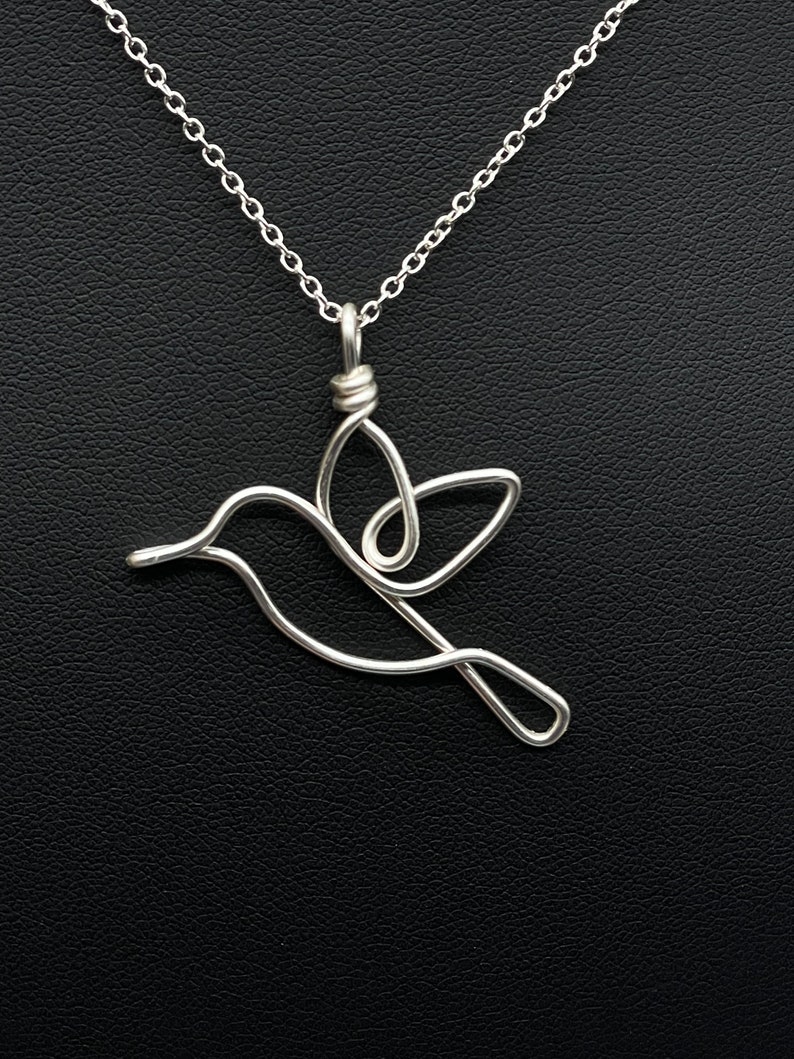 Hummingbird Necklace, silver, wire, Mother's day, bird, pendant, wire wrap, one line, silver plated jewelry, gift for mom, gift for her image 1