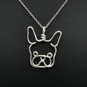French Bulldog Necklace, frenchie, silver, wire, dog, dog face pendant, wire wrap, one line, dog mom, pet parent, silver plated jewelry
