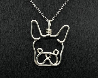 French Bulldog Necklace, frenchie, silver, wire, dog, dog face pendant, wire wrap, one line, dog mom, pet parent, silver plated jewelry